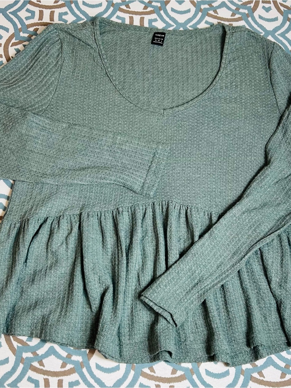 SHEIN Sage Green Waffle Knit Ruffle Hem Long Sleeve Top